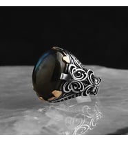 925 Ayar Gümüş Yüzük Doğal Labradorite  Taşı Tırnak Detaylı (Yeşil)