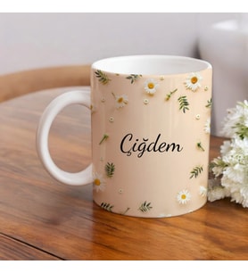 Kişiye Özel Çiçek Desenli Kupa Bardak Moldel 1 (Beyaz)