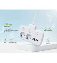 Plentiful 2500W Güçlü Akım Korumalı 3 USB + Type-C Portlu Çoklu Priz  Hızlı Şarj, Çocuk Kilidi, 850°C Yanmaz Malzeme