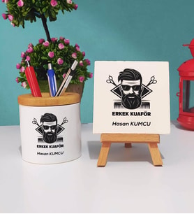Erkek Kuaförü Tasarımlı Kişiye Özel Hediye Erkek Kuaförü Kalemlik ve Dekoratif Taş Baskı Hediye Seti