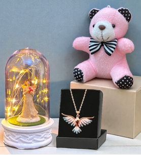 Renkli Anka Kuşu Kolye, Peluş Anahtarlık ve Led Işıklı Fanus Premium Hediye Seti (Model 7)