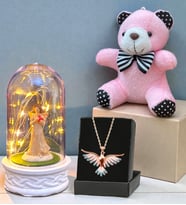 Renkli Anka Kuşu Kolye, Peluş Anahtarlık ve Led Işıklı Fanus Premium Hediye Seti (Model 7)