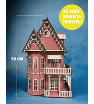 Hediyeli Ahşap Oyuncak Ev - Oyun Evi Büyük Boy (70cm X 40cm X 25cm) PEMBE