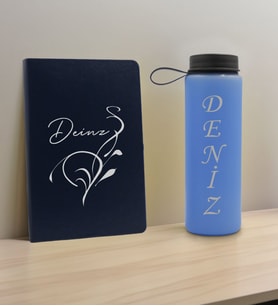 BK Gift Kişiye Özel İsimli Lacivert Defter ve Mavi Cam Matara Hediye Seti-6, Sevgiliye Hediye, Arkadaşa Hediye, Yeni İş Hediyesi