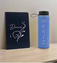 BK Gift Kişiye Özel İsimli Lacivert Defter ve Mavi Cam Matara Hediye Seti-6, Sevgiliye Hediye, Arkadaşa Hediye, Yeni İş Hediyesi