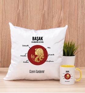 Kişiye Özel Başak Burcuna Hediye Kare Yastık ve Sarı Kupa