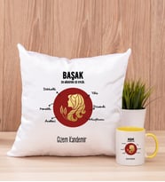 Kişiye Özel Başak Burcuna Hediye Kare Yastık ve Sarı Kupa