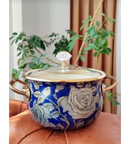 Lacivert Gül Emaye Lüx 2 Litre 18 Cm Çap Küçük Boy Kristal Tepe Bronz Kulp Çorba Süt Tencere