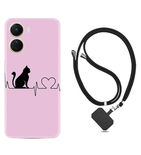 Vivo Y16 Kılıf Resimli Boyun Askılı İpli Desenli Silikon Pink Cat Heart 1303