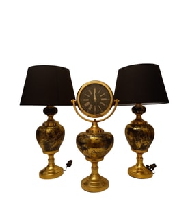 2'li Abajurlu Saatli Set Dekoratif Analog Saat (Gold)