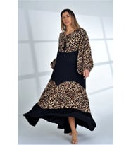 Kadın Siyah Balon Kol Leopar Desen Garnili Oversize Uzun Elbise