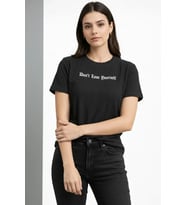 Wafıl Kumaş Tişört Regular Kalıp Bisiklet Yaka Baskılı Günlük Basic T-Shirt - Siyah