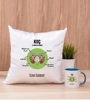 Kişiye Özel Koç Burcuna Hediye Kare Yastık ve Mavi Kupa