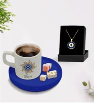 BK Gift Kişiye Özel İsimli Mavi Sunum Tabaklı Türk Kahvesi Fincanı ve Açılan Nazar Kolye Hediye Seti -9