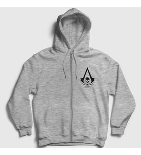 Presmono Unisex Gri Skull Assassin's Creed Fermuarlı Kapüşonlu Sweatshirt 24492tt