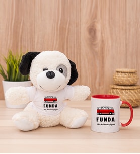 Kişiye Özel Vosvos Minibüs Tasarımlı Peluş Köpek ve Kırmızı Kupa