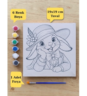 Çocuklara Özel Şapkalı Tavşan Baskılı Tuval Boyama Aktivite Seti 19x19 Cm (Tuval, Fırça ve 6 Renk Akrilik Boya Seti)