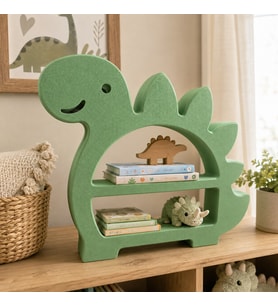 Yeşil Dinozor Çocuk Odası Kitaplığı – Dekoratif 2 Bölmeli Oyuncak ve Kitap Rafı