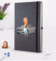 BK Gift Kişiye Özel Plakalı Kadın Honda Civic Karikatürlü Siyah Termo Deri Defter 16x24cm Model 1