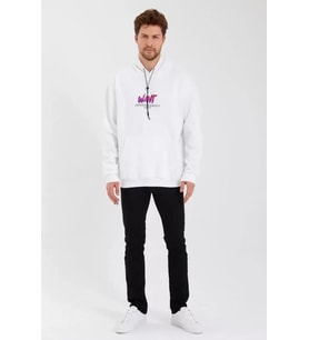Erkek Baskılı Üç İplik Kapüşonlu Oversize Sweatshirt - Beyaz