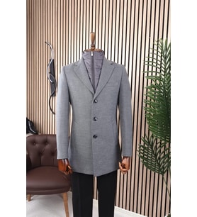 Erkek Slim Fit Gri Çıkmalı Ceket Yaka İçi Kapitoneli Tek Yırtmaç Dizüstü Kaşe Kaban