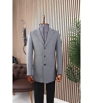 Erkek Slim Fit Gri Çıkmalı Ceket Yaka İçi Kapitoneli Tek Yırtmaç Dizüstü Kaşe Kaban