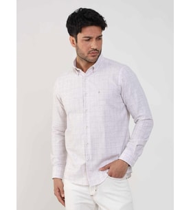 Bej Erkek Slim Fit Kareli Düğmeli Yaka Uzun Kol Gömlek