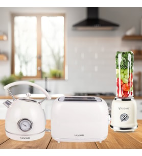 Yasomi Retro Kahvaltı Seti Su Isıtıcı Kettle + Smoothie Blender + Ekmek Kızartma Makinesi (Bej)