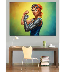 Robotik Kollu Pin-Up Kadı Dekoratif Kanvas - Mdf Ahşap Tablo