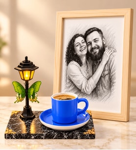 Kişiye Özel Karakalem Fotoğraflı Sokak Lambalı Seramik Mavi Kahve Fincanı Büyük Ahşap Çerçeveli