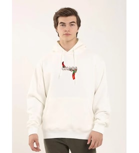 Unisex Baskılı Oversize Üç İplik Kapüşonlu Sweatshirt - Beyaz