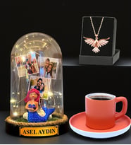 Sizlere Özel Led Işıklı Fanus, Türk Kahvesi Fincanı ve Anka Kuşu Kolye (Model 7)