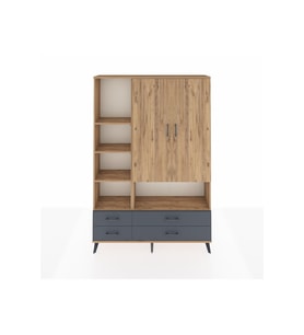 Arges Dolap 8 Raflı 4 Çekmeceli 2 Kapaklı 132x30x195 Çam-Çam/Antrasit