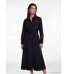 LCW Modest Siyah Kuşaklı Poplin Gömlek Elbise