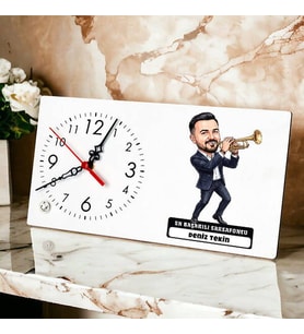 Trompetçi Müzisyen Erkek Karikatürlü Masa Saati