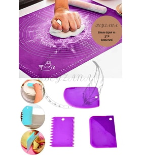 Silikon Hamur Açma Matı Ölçekli Hamur Açma Altlığı Ve 3'lü Hamur Kesici Kazıyıcı Dekoratör Set