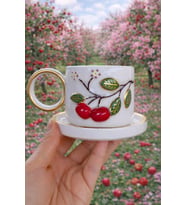 Kirazlı Hediyelik Seramik Duble Kahve Fincanı (Kalpli Kırmızı)