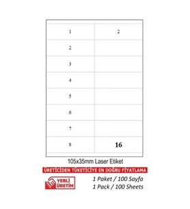 A1 Etiket Lazer Etiket tw-2216 100 A4 Sayfa Laser Etiket 105 x 35 mm Boyutunda 1 A4 Sayfada 16 Etiket