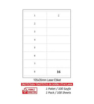 A1 Etiket Lazer Etiket tw-2216 100 A4 Sayfa Laser Etiket 105 x 35 mm Boyutunda 1 A4 Sayfada 16 Etiket