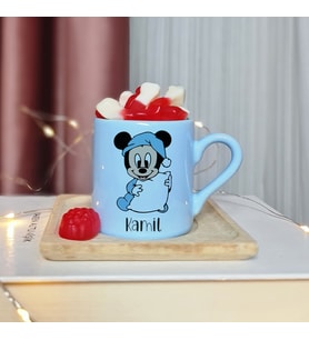Mickey Mouse Tasarımlı Kişiye Özel Mavi Türk Kahvesi Fincanı