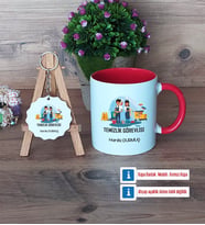 Temizlik Görevlisi Kupa Bardak Kırmızı ve Ahşap Anahtarlık Hediye (Model 1)