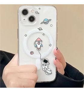Coverzone iPhone 13 Pro Max ile uyumlu K?l?f Wireless ?arj �zellikli Magsafe ile uyumlu Astronot Bask?l? Sert PC ?effaf Arka Y�zey Roket