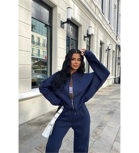 Neşeli butik kadın kışlık alt üst eşofman takımı NB0022 - Lacivert