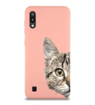 Samsung Galaxy M10 Uyumlu Lansman Kılıf Catface Tasarımlı İçi Kadife Kapak-Pembe (Şeffaf)