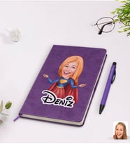 BK Gift Kişiye Özel Süper Girl Karikatürlü Mor Termo Deri Defter Kalem Seti Model 1