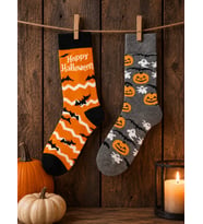2'li Halloween Çorap Seti Cadılar Bayramı Happy Halloween Yazılı Balkabağı Desenli Pamuklu Çorap
