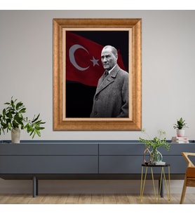 Altın Varaklı Çerçeveli Paspartulu Atatürk Tablo TR1512 (Gold)