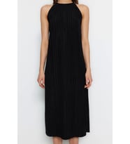 Moda Shift Casual Günlük Pilise Örme Halter Yaka Kolsuz Kol Shift Midi Boy Elbise (Siyah)