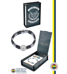 Fenerbahçe Orijinal Lisanslı Fb Logo Mat Onix Doğaltaş Bileklik Hediyelik Ahşap Kutulu (Siyah-Gri)
