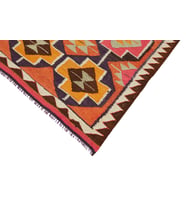 Turuncu Mor Geometrik Desenli Etnik Dokuma Kilim Pamuk Yün Karışımı El Dokuma Koridor Kilimi